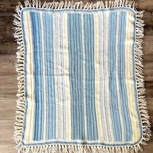 Handmade Vintage Crochet Nursery Crib Baby Blanket Blue Cream Striped Lines 80s